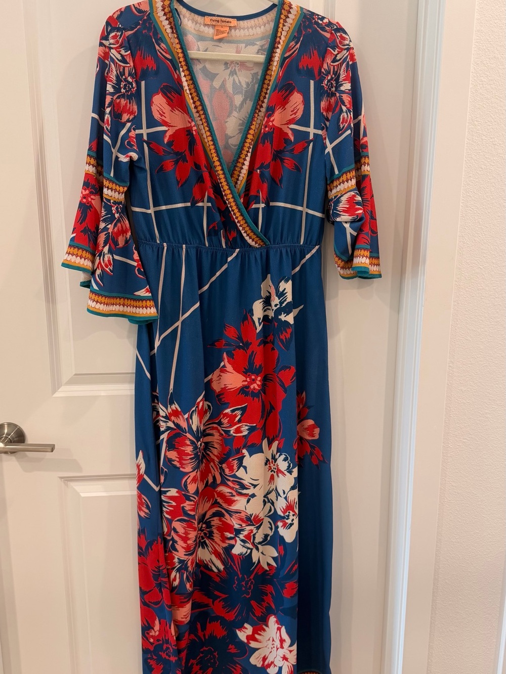Flying Tomato Blue Floral Wrap Maxi Dress with Red and Cream Blooms